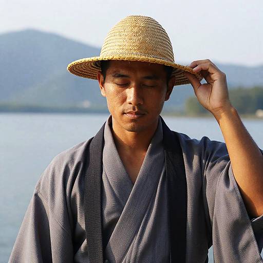 Calm Asian Man in Straw Hat