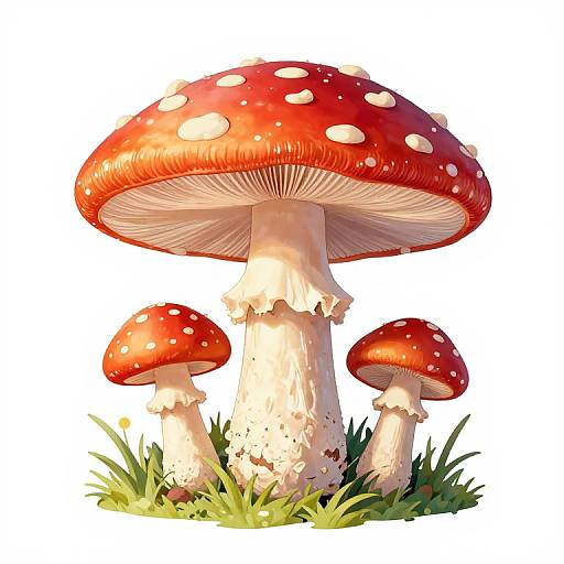 Digital illustration of three red-and-white-spotted mushrooms with large caps and white stems, growing from green grass on a white background.