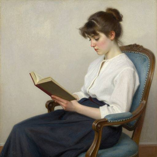 Realistic oil painting of a young woman with fair skin and dark hair, wearing a white blouse and black skirt, reading a book on a blue uphol