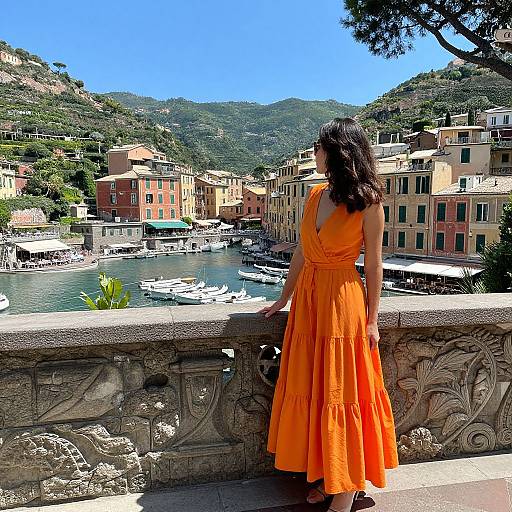 Photograph of a woman in a vibrant orange dress, standing on a stone balcony, gazing at a picturesque Italian coastal village with colorful buildings and boats