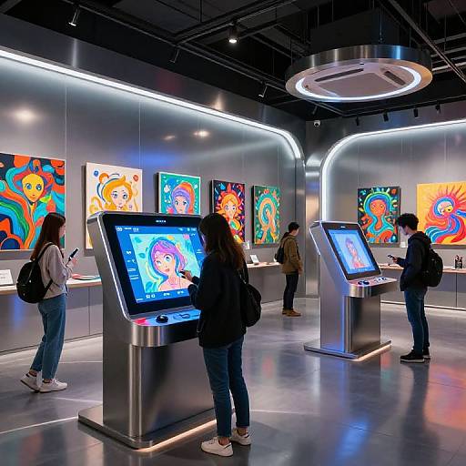 Photograph of a modern art gallery with brightly colored pop art paintings, illuminated by sleek, white lights. Visitors interact with digital kiosks displaying the