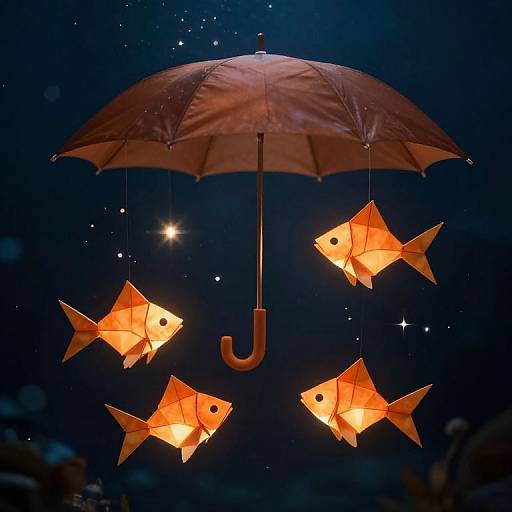 Photograph of an open brown umbrella with four glowing orange fish-shaped lanterns hanging from it, against a dark, starry night background.