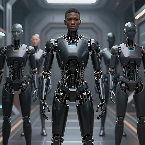 Futuristic Black Male Androids in Industrial Corridor