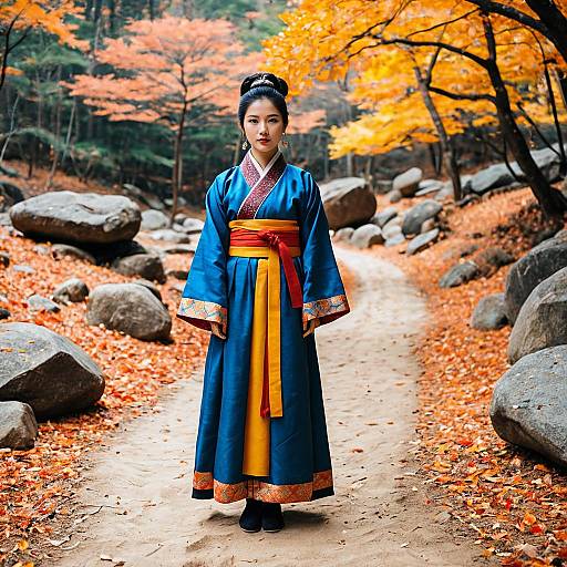 Asian Woman in Traditional Hanbok in Autumn Forest