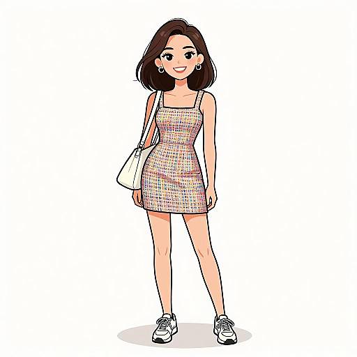Digital illustration of a smiling young woman with straight black hair, wearing a colorful, textured dress, white shoulder bag, and black sneakers, standing against a