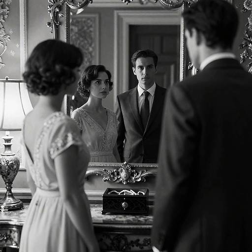 Elegant Black and White Portrait in Ornate Room