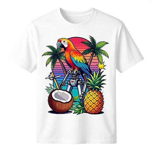 Vibrant digital illustration of a colorful macaw, palm trees, pineapple, coconut, gun, and sunset, on a white T-shirt. Tropical