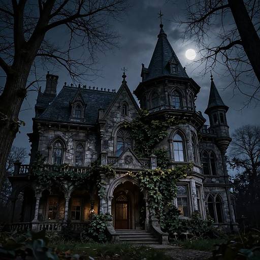 Photograph of a Gothic-style, dark, ivy-covered mansion at night with a full moon, tall spires, arched windows, and leaf
