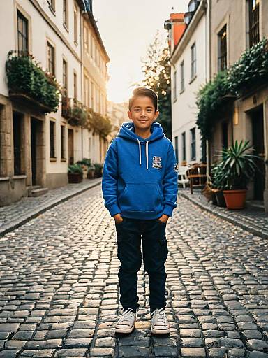 Boy in Blue Hoodie on Cobblestones