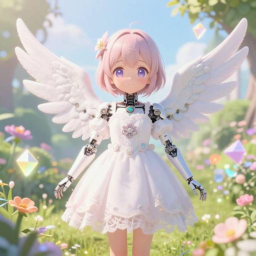 Digital anime-style drawing of a cute, pink-haired angel girl with white wings, wearing a lacy white dress, standing in a sunlit, colorful