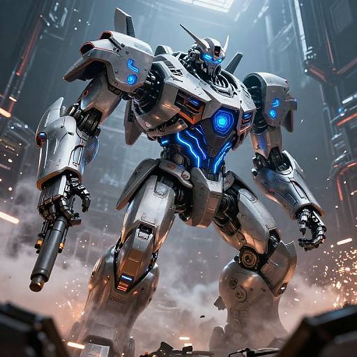 CGI image of a futuristic, silver and blue, heavily armored mecha robot with glowing blue eyes, standing in a smoky, industrial battlefield.