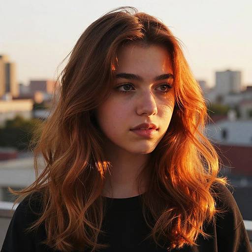 Photograph of a young woman with wavy, auburn hair, glowing in golden sunset light, wearing a black top, with a blurred urban