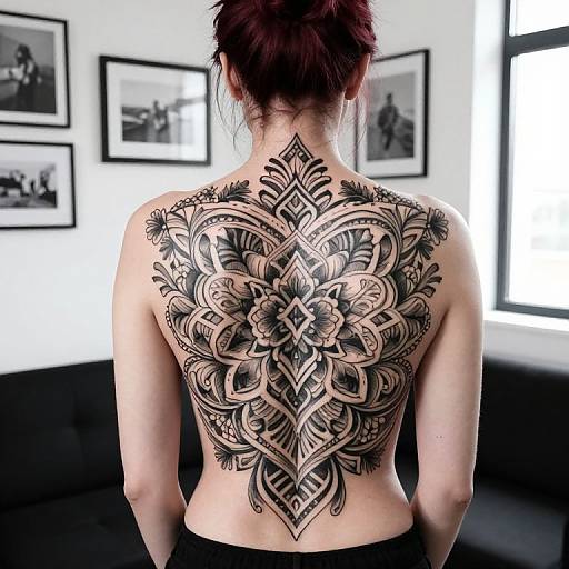 Photograph of a woman with red hair, back facing, showcasing a large, intricate black mandala tattoo on her back, in a modern, black