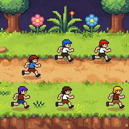 Pixel art of six running children with varied hair colors in a vibrant, forested night scene with colorful flowers and trees.