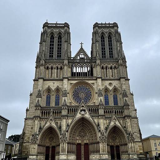 Photograph of Notre-Dame Cathedral, Paris, showcasing its intricate Gothic architecture, twin towers, large rose window, and detailed stone carvings against