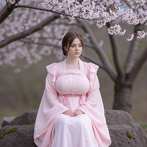 Digital art of a fair-skinned woman in a pink kimono, seated on a rock under cherry blossoms, with a serene expression.