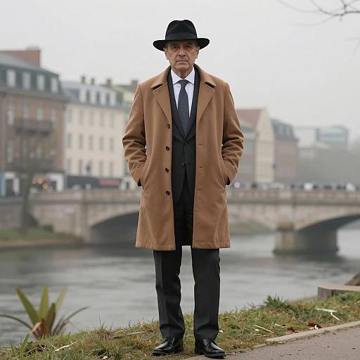Middle-Aged Man in Brown Overcoat by River