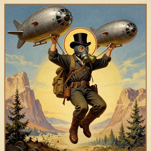 Illustration of a masked, top-hatted figure jumping mid-air, carrying two silver bombers, against a mountainous, forested sunset backdrop.