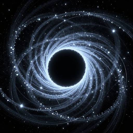 Digital art of a glowing white spiral galaxy with a black center, surrounded by numerous small white stars against a black background.
