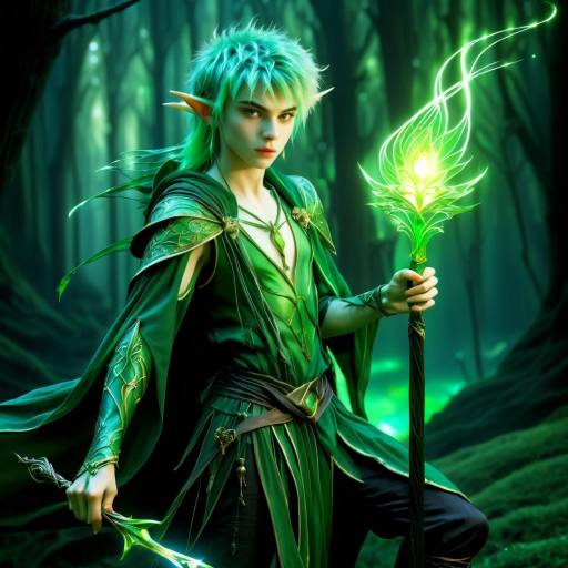 Green-Haired Elf Boy with Glowing Staff in Dark Forest