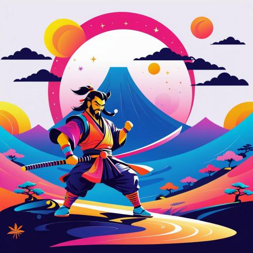 Colorful Evil Samurai with Moon and Mountain Landscape