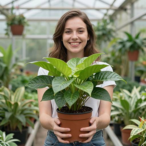 Photograph of a smiling young woman with long brown hair, wearing a white shirt, holding a potted green plant in a greenhouse.