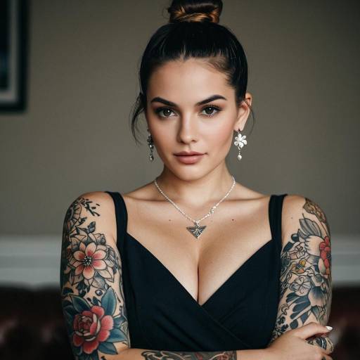 Young Woman with Floral Sleeve Tattoos and Black Dress
