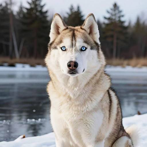 Photograph of a blue-eyed Siberian Husky with white and brown fur, sitting on snowy ground near a frozen lake, with pine trees in the