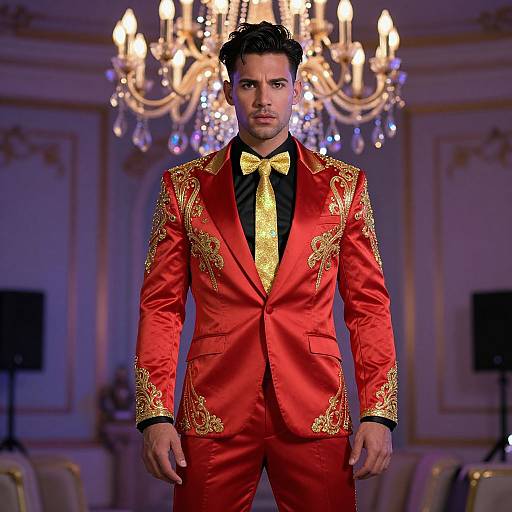 Photograph of a handsome man with short dark hair, wearing a vibrant red and gold embroidered suit, black shirt, and yellow bow tie, standing confidently
