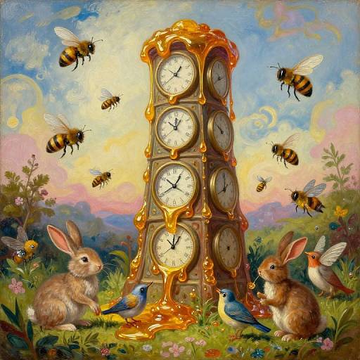 Whimsical digital painting of a honey-covered clock tower surrounded by bees, rabbits, and birds in a vibrant, floral meadow.