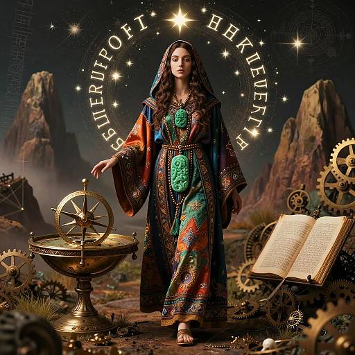 Photograph of a woman in colorful, patterned robes with a green pendant, standing in a starry, rocky landscape with gears and an open book