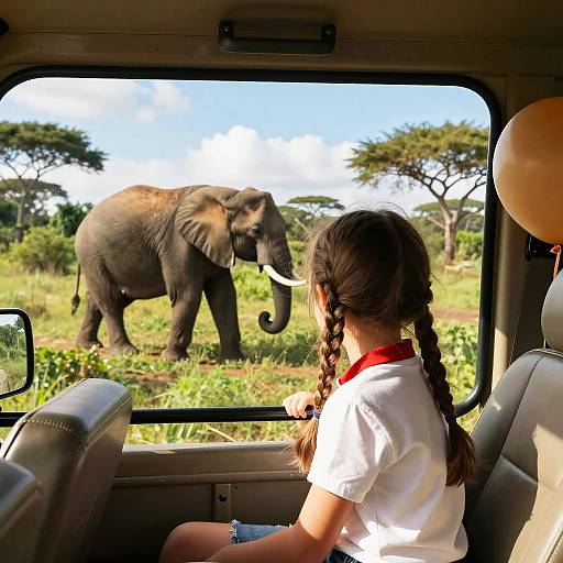 Photograph of a young girl with braided hair in a white shirt with red collar, sitting in a safari vehicle, watching a large elephant with white