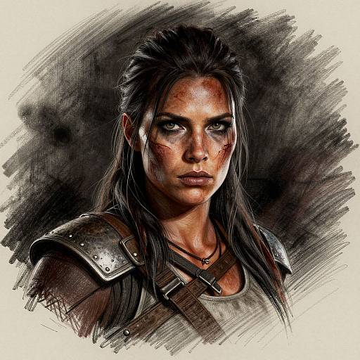 Digital painting of a fierce, dark-haired woman with blood on her face, wearing rugged armor, intense gaze, and dark background.
