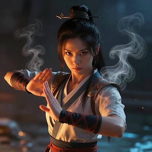 Photorealistic digital artwork of an Asian woman with black hair in a bun, wearing traditional white and red martial arts attire, hands glowing with smoke,