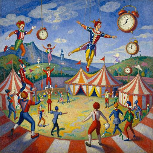 Vibrant painting of acrobatic clowns, clock pendulums, and circus tents under a blue sky with mountains, surrounded by children in