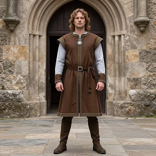 Photograph of a young man with long brown hair, wearing a medieval-style brown tunic, white shirt, black pants, and boots, standing in