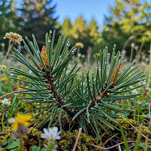 Dew-Covered Pine Branch Close-Up