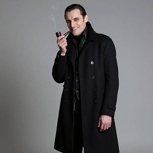 Photograph of a smiling, fair-skinned man with slicked-back dark hair, wearing a black overcoat, holding a smoking pipe, against a