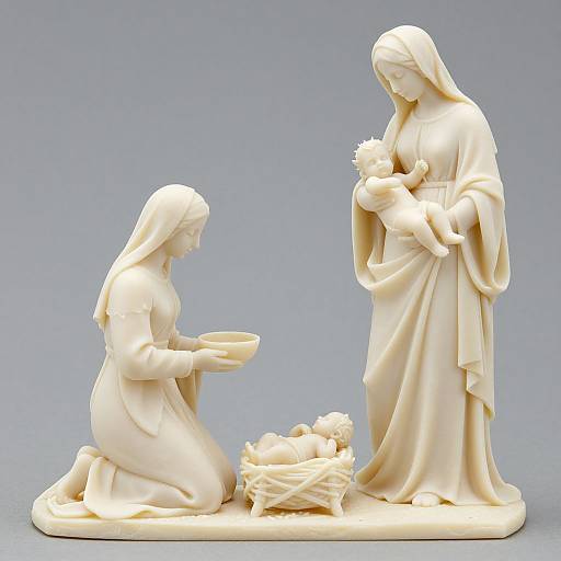 Photograph of a white, detailed, ceramic nativity scene with kneeling Mary holding a bowl, standing Mary holding baby Jesus, and a basket of roses