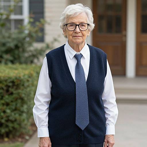 Photograph of an elderly white man with white hair and glasses, wearing a white shirt, dark blue polka-dot tie, and navy sweater, standing