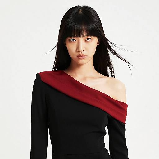 Photograph of a young East Asian woman with straight black hair and bangs, wearing a black long-sleeve top with a red off-should