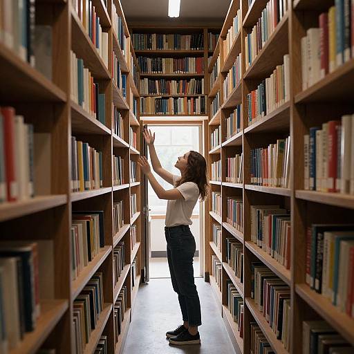 Photograph of a woman with curly brown hair, wearing a white shirt and blue jeans, reaching for books in a narrow, well-lit library aisle