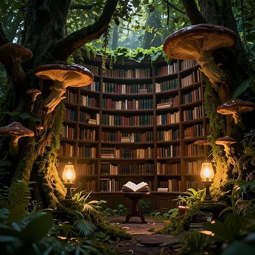 Enchanted forest library with giant mushrooms, glowing lanterns, and a curved bookshelf filled with books surrounding an open book on a table. Phot
