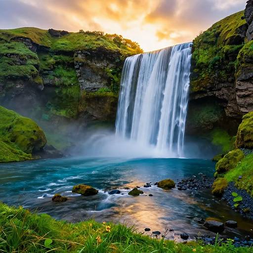 Photograph of a vibrant waterfall cascading into a clear, blue pool, surrounded by lush green moss-covered cliffs under a dramatic orange sunset sky.