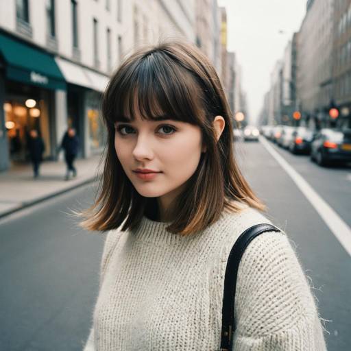 Young Woman with Side Swept Bangs in City Street