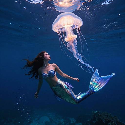 Photograph of a mermaid with long brown hair, shimmering blue and green scaled tail, and a strapless seashell top, swimming towards