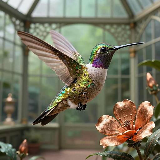 Mechanical Floral Hummingbird in Victorian Greenhouse