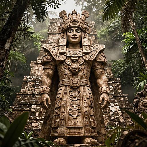 Photorealistic CGI of an intricately carved, stone Aztec-like statue with a smiling face, standing in a dense, misty jungle, with