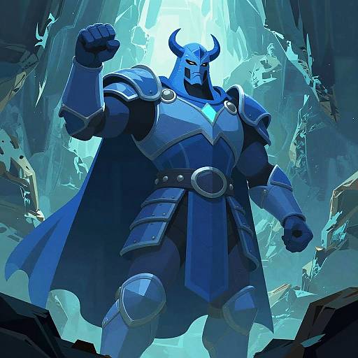 Digital artwork of a muscular, blue-armored, horned superhero with glowing blue eyes, fist raised, standing in a cavernous, icy, rocky