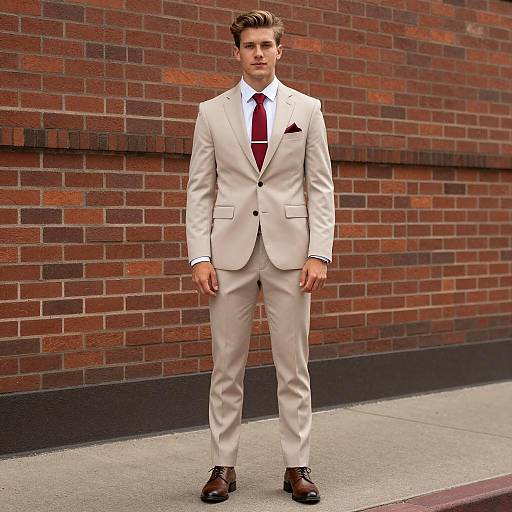Man in Light Beige Suit Standing by Brick Wall